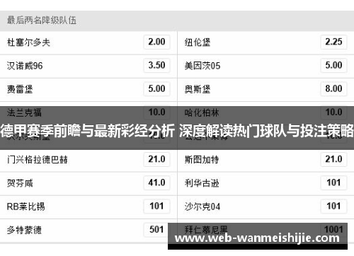 德甲赛季前瞻与最新彩经分析 深度解读热门球队与投注策略