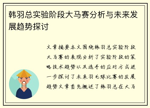 韩羽总实验阶段大马赛分析与未来发展趋势探讨