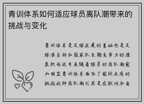 青训体系如何适应球员离队潮带来的挑战与变化